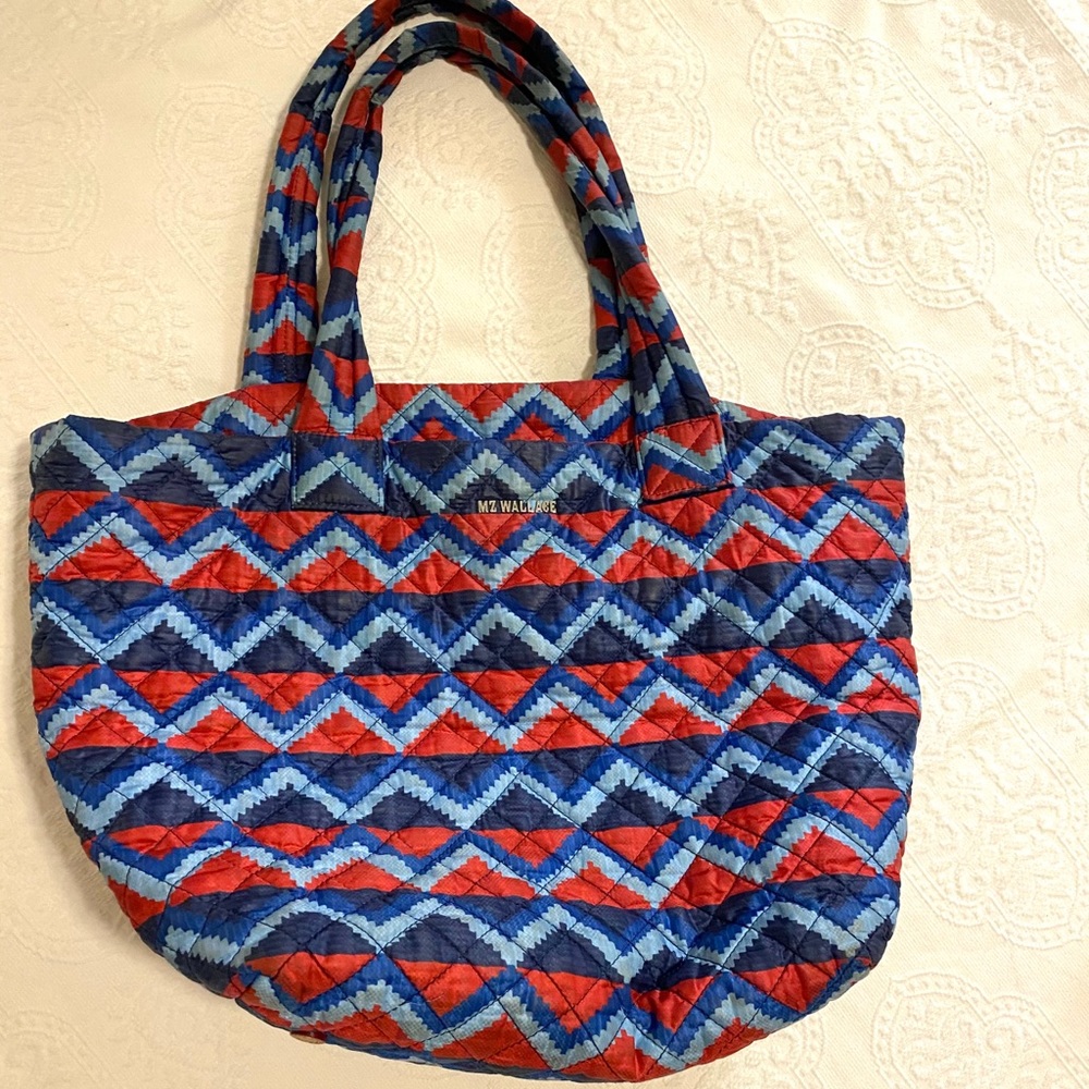 MZ Wallace Quilted Tote in Red and Blue Geometric Print